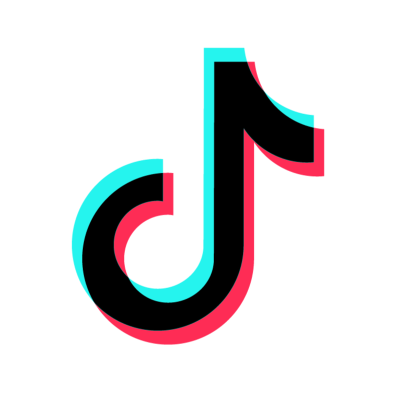tiktok logo. a black music note with a blue and red outline.