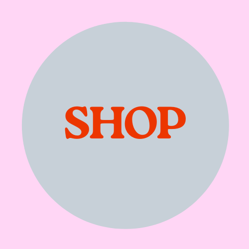 pale pink background with a grey circle. red text reads shop.