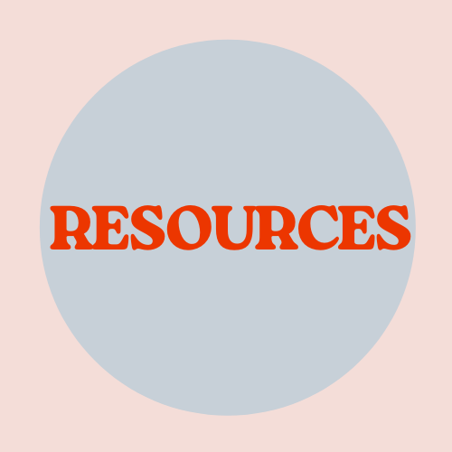 pale orange background with a grey circle. red text reads resources. 