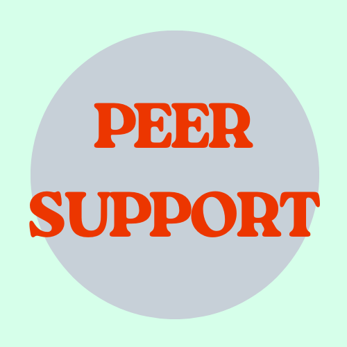 pale green background with a grey circle. red text reads peer support. 